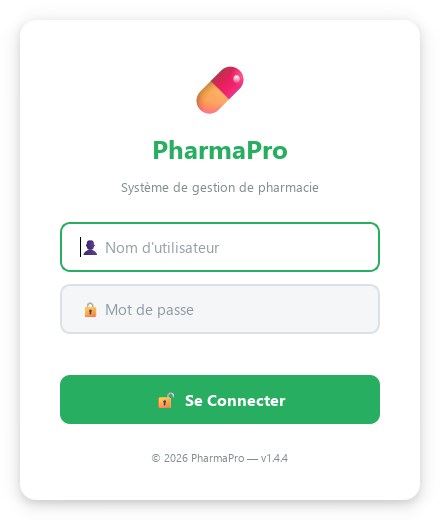 شاشة الدخول وتفعيل التجربة في PharmaPro